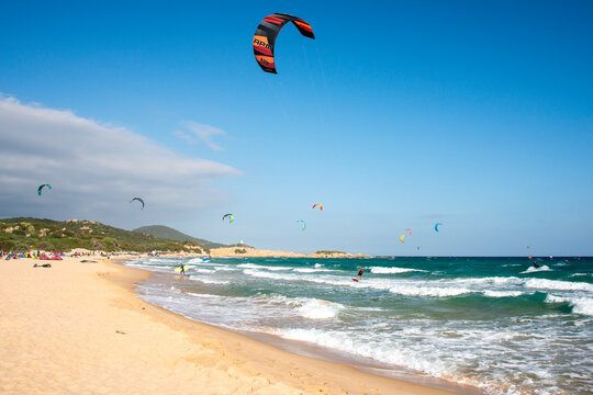 Kitesurfer in Chia bay, Domus de Maria, Sardinia, Italy