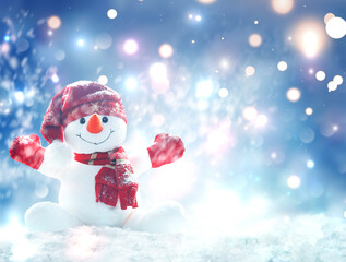 Merry christmas and happy new year greeting card .Happy snowman standing in winter christmas...