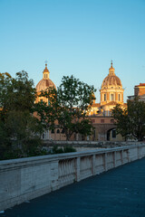 Twin domes of a church, view from the bridge, Rome