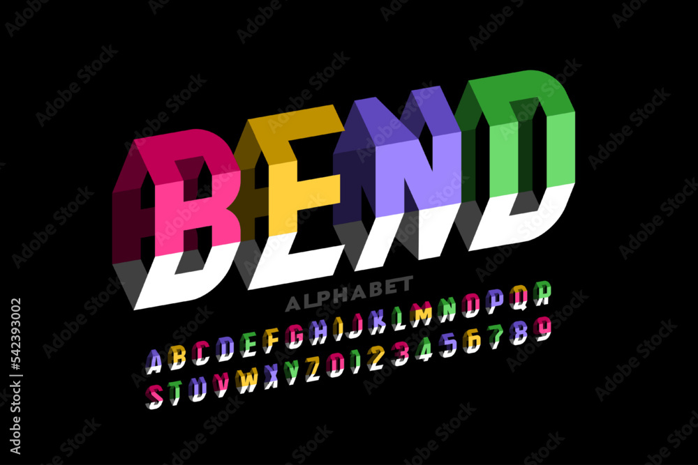 Fototapete bending 3d style font design, alphabet letters and numbers vector illustration