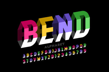 Bending 3D style font design, alphabet letters and numbers vector illustration