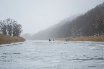 Winter landscape frozen winter river and mountains