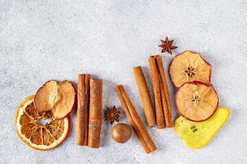 mulled wine set - cinnamon, cloves, dried apples and orange, copy space