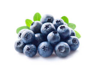 Sweet blueberries with leaves on white backgrounds