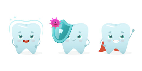 Dental set with cute teeth mascots for kids clinic. Cartoon teeth prevent caries. Tooth with protection.