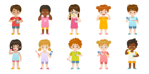 Bundle of cartoon children brush their teeth. Dental hygiene collection for babies. Set of diverse kids take care of their teeth.