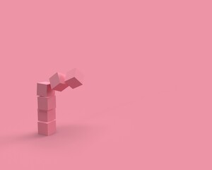 Abstract crashed column on pink background. 3d shapes. 3d rendering. Stack of cubes. Solid blocks.