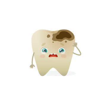 Crying tooth with cavity. Cartoon tooth mascot with caries. Cute illustration with tooth decay.