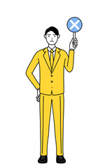 Fototapeta na wymiar 不正解を示すバツの棒を持つスーツ姿のビジネスマンのシンプルな線画イラスト