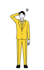 困って頭をかくスーツ姿のビジネスマンのシンプルな線画イラスト