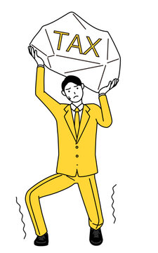 recommend clip art: 増税に苦しむスーツ姿のビジネスマンのシンプルな線画イラスト