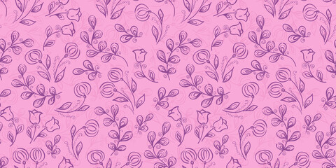 Fototapeta na wymiar Spring Seamless Pattern. Floral elements in doodle style. Pink background. Watercolor tropical violet leaves and flowers. Wedding Patterns with leaf
