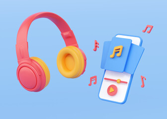 Headphones with phone and music app 3d render illustration - wireless earphone, smartphone and player playlist