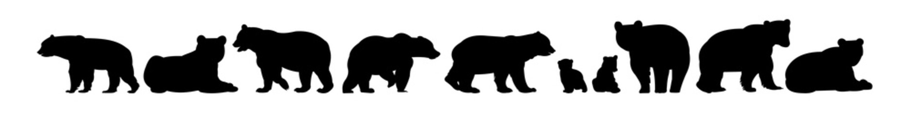 Fototapeta na wymiar Set of bear male and female with cubs. Wild animals. Silhouette figures. Isolated on white background. Vector