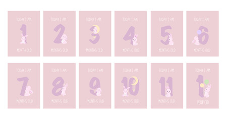 Cute Bunny Girl Baby Milestone Cards PNG, Numbers clipart. 1-11 months and 1 year. Baby shower print capturing all the special moments. Baby month anniversary card. Nursery print.