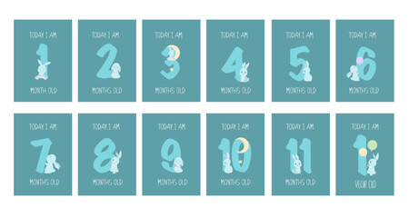 Cute Bunny Boy Baby Milestone Cards PNG, Numbers clipart. 1-11 months and 1 year. Baby shower print capturing all the special moments. Baby month anniversary card. Nursery print.