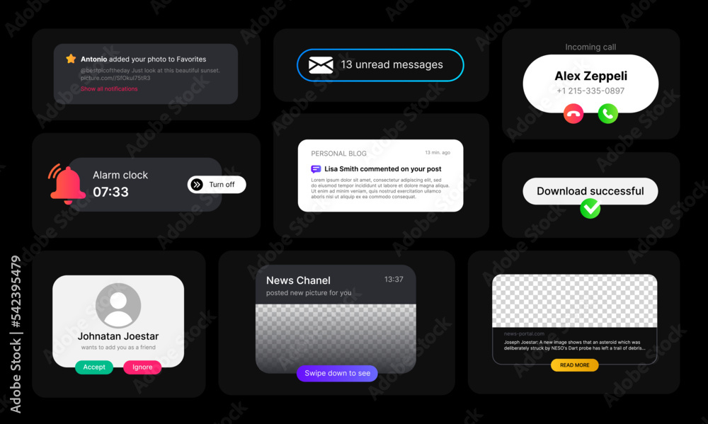 Poster incoming messages notifications. big set of illustrations. social media ui concept in minimalistic d