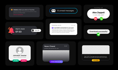 Incoming Messages Notifications. Big Set of Illustrations. Social Media UI Concept in Minimalistic Design on Black Background. Fully Editable. Alarm Clock, Incoming Call, New Post and etc. Web Element