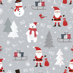 Christmas seamless pattern with Santa Claus, snowman, polar bear, sleigh with gift boxes, birds and christmas tree.