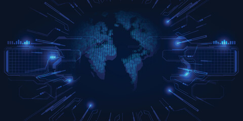 Vector illustration of globe world map futuristic design concept for digital marketing strategy and innovation technology artwork background and backdrop.