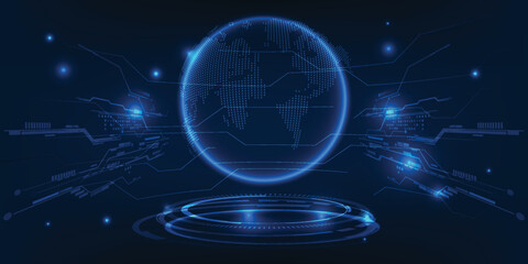 Vector illustrations of digital communication system wire connecting network around the world.Dark blue futuristic for technology background  banner and wallpapers.