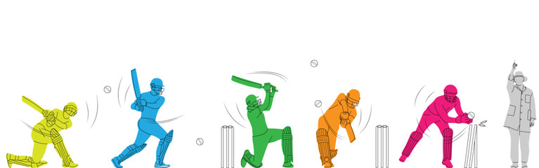 set of player playing cricket action pose line art championship vector illustration.