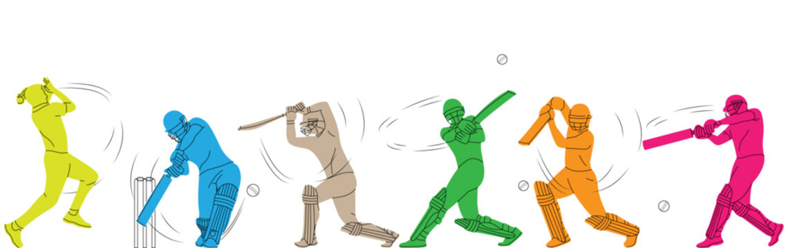 set of player playing cricket action pose line art championship vector illustration.