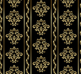 Floral pattern. Vintage wallpaper in the Baroque style. Seamless vector background. Black and gold ornament for fabric, wallpaper, packaging. Ornate Damask flower ornament