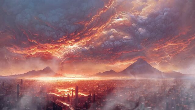 An apocalyptic and natural disaster scenario caused by climate change. hurricane of fire sweeping through city streets.