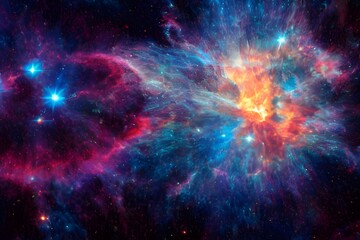 A colorful nebula in space. Huge gas clouds and stars. 