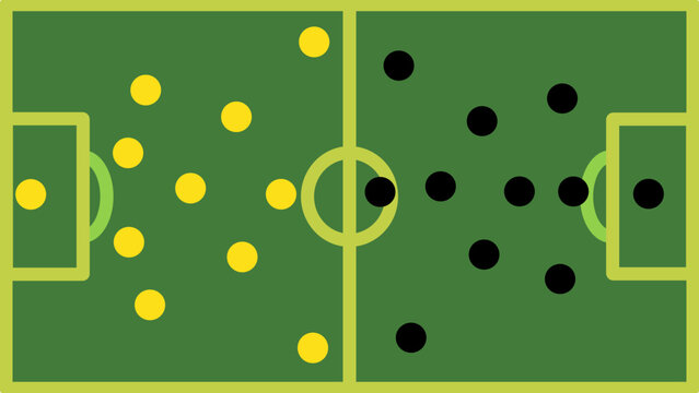 Tactical Soccer Football Playing Systems On White Board Graphic. Strategy In Game Play Coach Plan With Both Teams In Defensive Positions. 