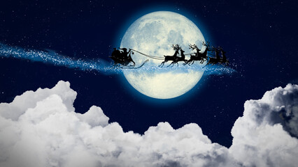 Obraz na płótnie Canvas Santa Claus in a sleigh flying over the moon at night. Santa flies to deliver gifts. On night sky background tale of myth and legend. Digital art style, fine art illustration painting.