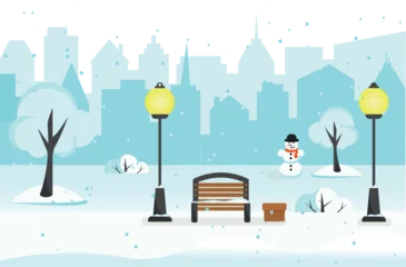 Zelfklevend Fotobehang Winterillustratie met een park, banken, lantaarns, besneeuwde bomen en een sneeuwpop. Met de afbeelding van de silhouetten van huizen op de achtergrond © Екатерина Бырька