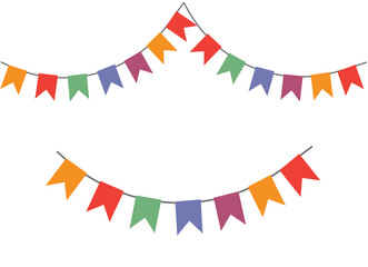 Flags party birthday garland vector or carnival festive bunting decor hanging in rope string festoon isolated on white background graphic, children fun celebration simple decoration color clipart