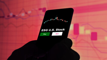 An investor's analyzing the ESG U.S. Stock etf fund on screen. A phone shows the ETF's prices SandP s and p smallCap to invest