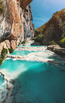Natural pools of Millpu in Huancaraylla. Turquoise lagoons near Ayacucho, travel destination in Peru