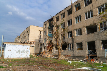 War in Ukraine. 2022 Russian invasion of Ukraine. An apartment building destroyed by shelling. Destruction of infrastructure. Terror of the civilian population. War crimes