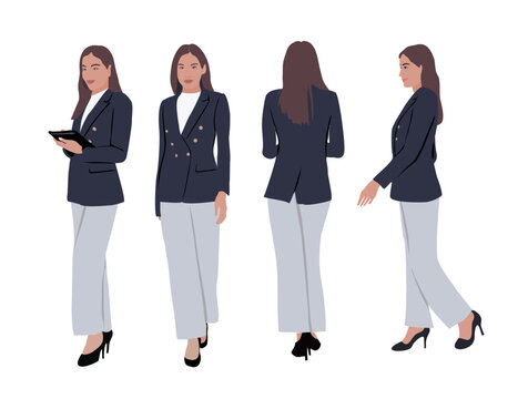 Business Woman In Different Poses, Front, Side, Back View. Attractive Girl Wearing Black Formal Suit With Tablet. Vector Realistic Illustration, Flat Style, Isolated On White Background.