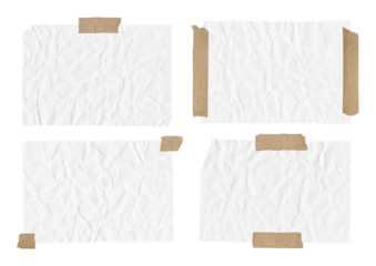 White ripped crumpled paper strips collection. Realistic paper scraps with adhesive tape on transparent background. Sticky notes. Extracted.