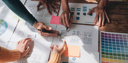 Team ux designer creative graphic planning application development a prototype smartphone layout.