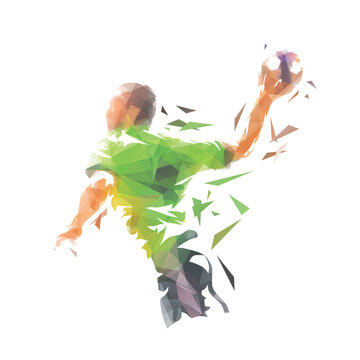 Handball player throwing ball, low polygonal isolated vector illustration from triangles. Handball logo