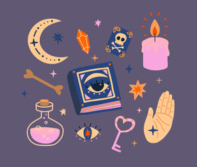 Witchcraft set of magic items. Symbols of witches, magic and wizardry. Halloween Vector illustration with magician objects - candles, potions bottle, moon, stars, crystal, spell book, Tarot Cards.