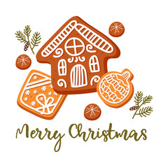 Christmas card with cookie. Hand painted composition with gingerbread cookie and pine branches isolated on white background. Food illustration for design, print, fabric or background