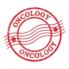 ONCOLOGY, text written on red postal stamp.