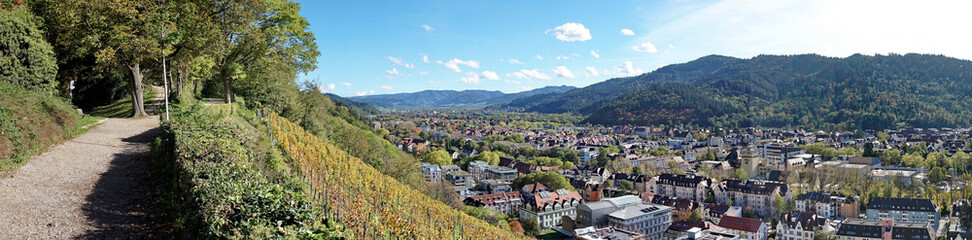 Naklejka na ściany i meble Freiburg im Breisgau Panorama - Stadt im Tal Landschaft im Herbst mit Weinberge