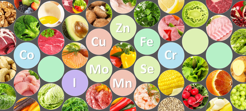 Essential trace elements of the human body include zinc (Zn), copper (Cu), selenium (Se), chromium (Cr), cobalt (Co), iodine (I), manganese (Mn), and molybdenum (Mo) on dark background - Panorama