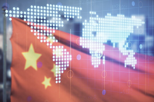 Abstract creative world map interface on flag of China and blurry cityscape background, international trading concept. Multiexposure - Powered by Adobe