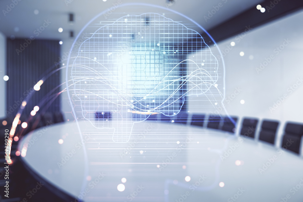 Poster double exposure of creative artificial intelligence hologram on a modern meeting room background. ne