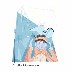 Colorful illustration devoted to Halloween imaging a surprised boy with a bat sitting on his head. The composition located on the abstract background imaging the wall with the shadows, ghosts.