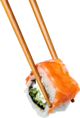 Fotobehang Sushi bar Wooden Chopsticks with Uramaki Sushi - Isolated
